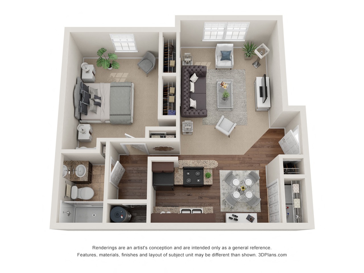 Floor plan for 1 bed, 1 bath, 700 sqft